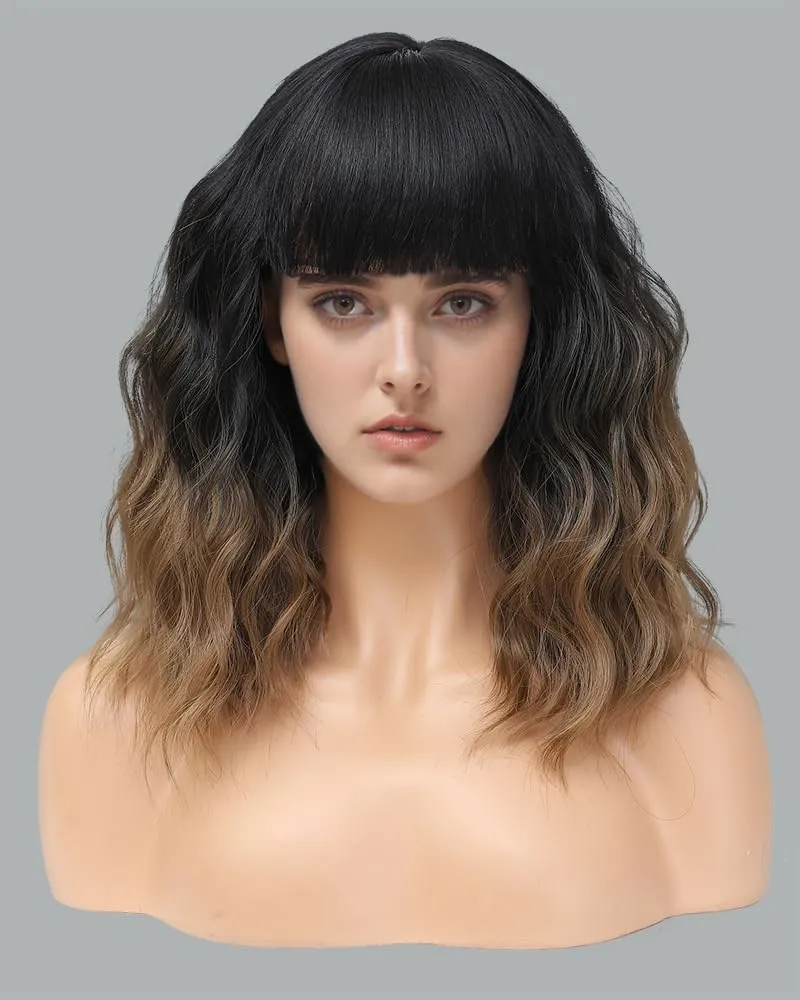 Short Wavy Brown Wig with Bangs 14inch Ombre Brown Wigs for Women Short Curly Bob Wigs Synthetic Natural Looking Hair Replacement Wigs Costume Cosplay Halloween Wig(14'' Ombre Brown)