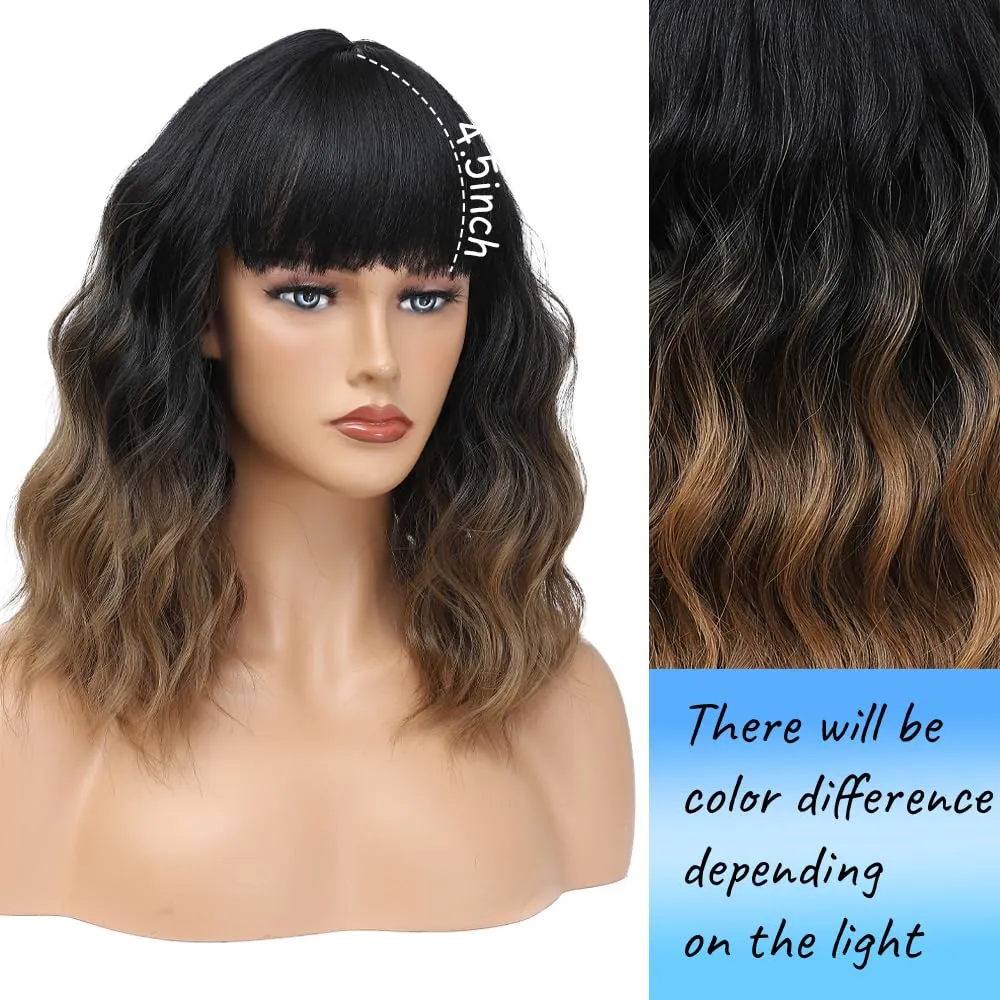 Short Wavy Brown Wig with Bangs 14inch Ombre Brown Wigs for Women Short Curly Bob Wigs Synthetic Natural Looking Hair Replacement Wigs Costume Cosplay Halloween Wig(14'' Ombre Brown)