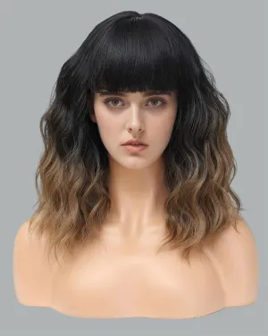 Short Wavy Brown Wig with Bangs 14inch Ombre Brown Wigs for Women Short Curly Bob Wigs Synthetic Natural Looking Hair Replacement Wigs Costume Cosplay Halloween Wig(14'' Ombre Brown)