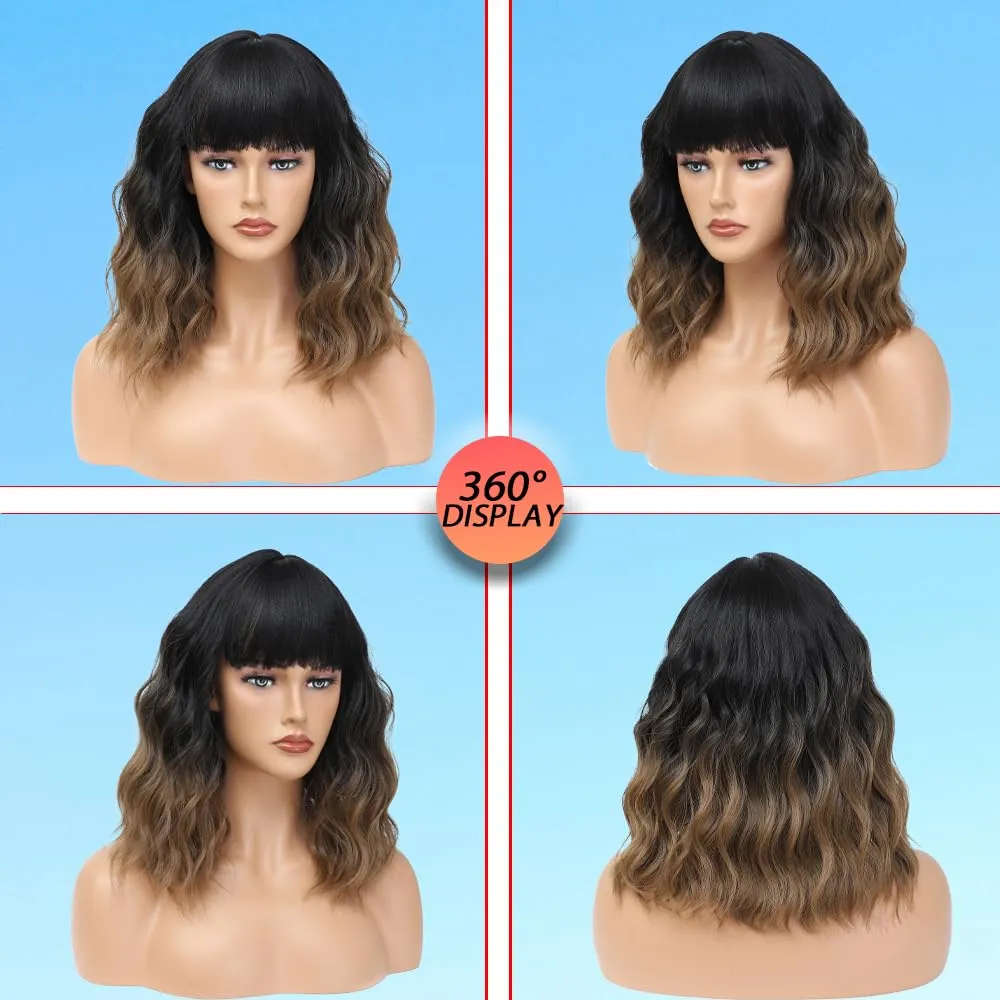 Short Wavy Brown Wig with Bangs 14inch Ombre Brown Wigs for Women Short Curly Bob Wigs Synthetic Natural Looking Hair Replacement Wigs Costume Cosplay Halloween Wig(14'' Ombre Brown)