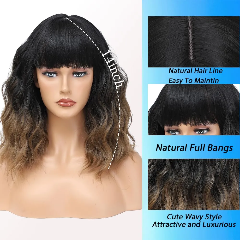 Short Wavy Brown Wig with Bangs 14inch Ombre Brown Wigs for Women Short Curly Bob Wigs Synthetic Natural Looking Hair Replacement Wigs Costume Cosplay Halloween Wig(14'' Ombre Brown)