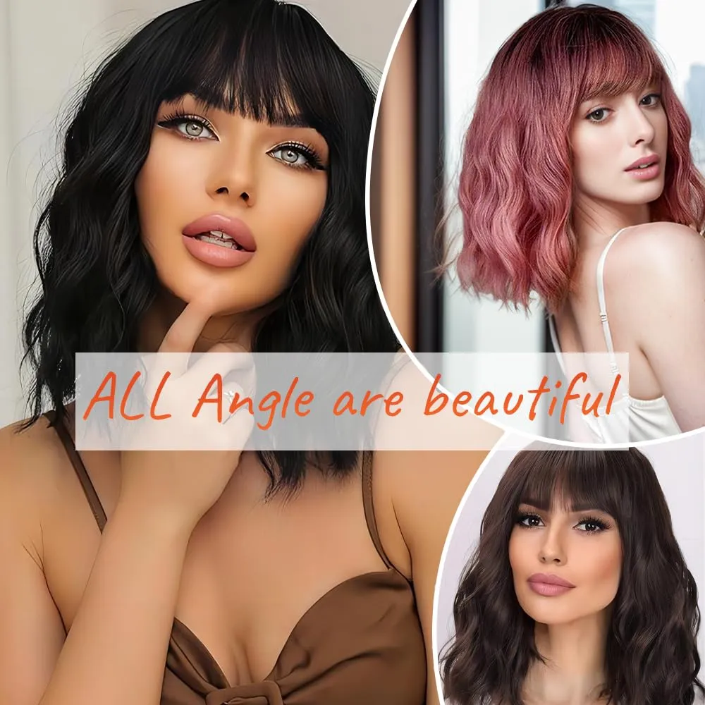 Short Wavy Brown Wig with Bangs 14inch Ombre Brown Wigs for Women Short Curly Bob Wigs Synthetic Natural Looking Hair Replacement Wigs Costume Cosplay Halloween Wig(14'' Ombre Brown)