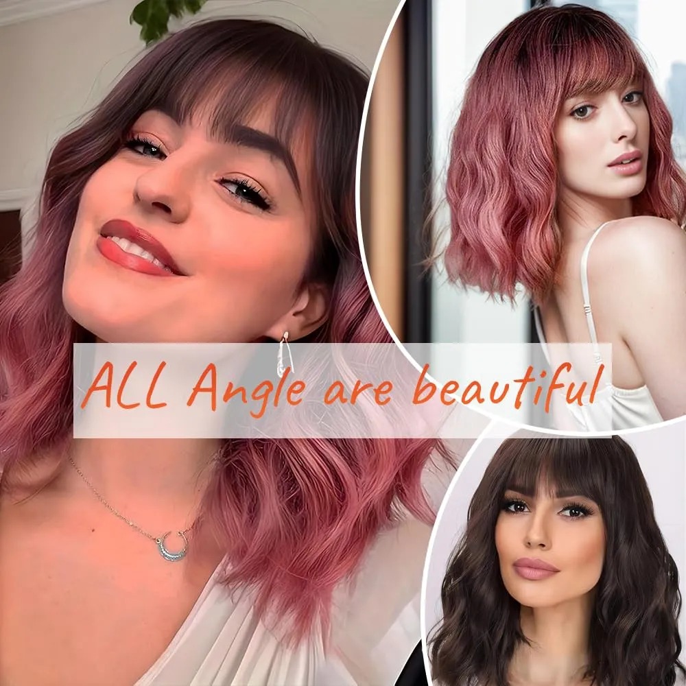 Short Wavy Pink Wig with Bangs 14inch Ombre Pink Wigs for Women Short Curly Bob Wigs Synthetic Natural Looking Hair Replacement Wigs Costume Cosplay Halloween Wig(14'' Ombre Pink)