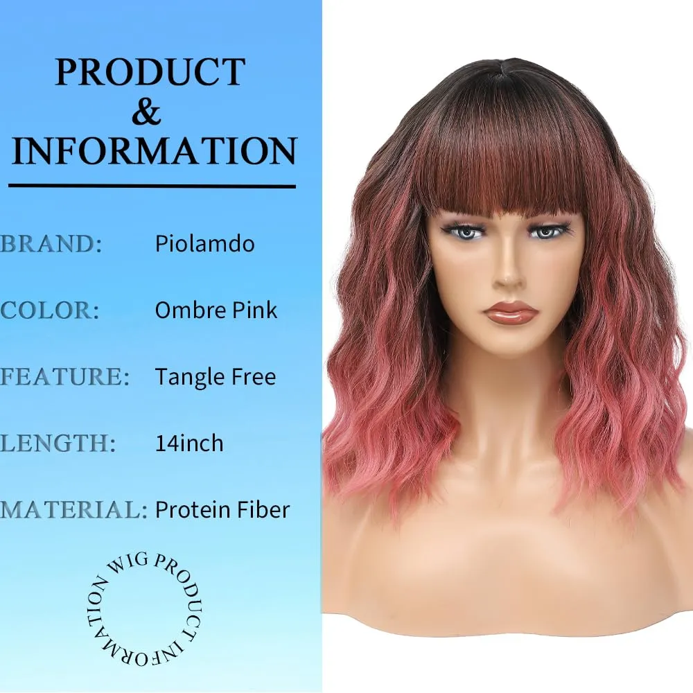Short Wavy Pink Wig with Bangs 14inch Ombre Pink Wigs for Women Short Curly Bob Wigs Synthetic Natural Looking Hair Replacement Wigs Costume Cosplay Halloween Wig(14'' Ombre Pink)