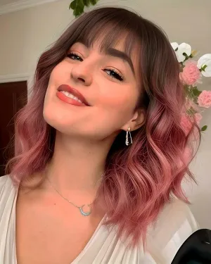 Short Wavy Pink Wig with Bangs 14inch Ombre Pink Wigs for Women Short Curly Bob Wigs Synthetic Natural Looking Hair Replacement Wigs Costume Cosplay Halloween Wig(14'' Ombre Pink)