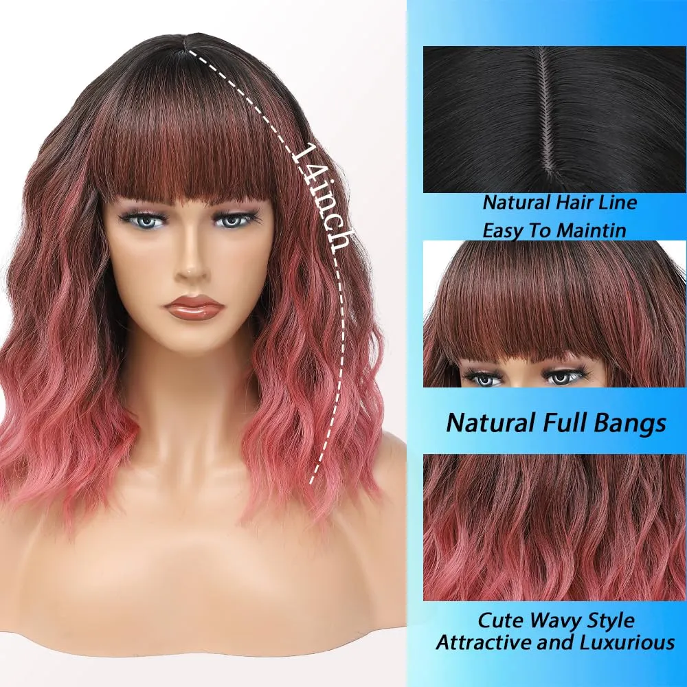 Short Wavy Pink Wig with Bangs 14inch Ombre Pink Wigs for Women Short Curly Bob Wigs Synthetic Natural Looking Hair Replacement Wigs Costume Cosplay Halloween Wig(14'' Ombre Pink)