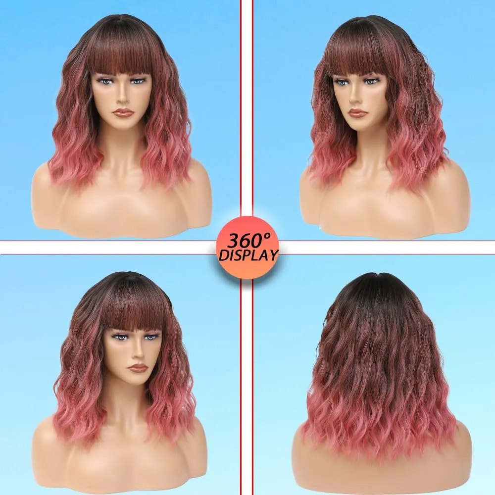 Short Wavy Pink Wig with Bangs 14inch Ombre Pink Wigs for Women Short Curly Bob Wigs Synthetic Natural Looking Hair Replacement Wigs Costume Cosplay Halloween Wig(14'' Ombre Pink)