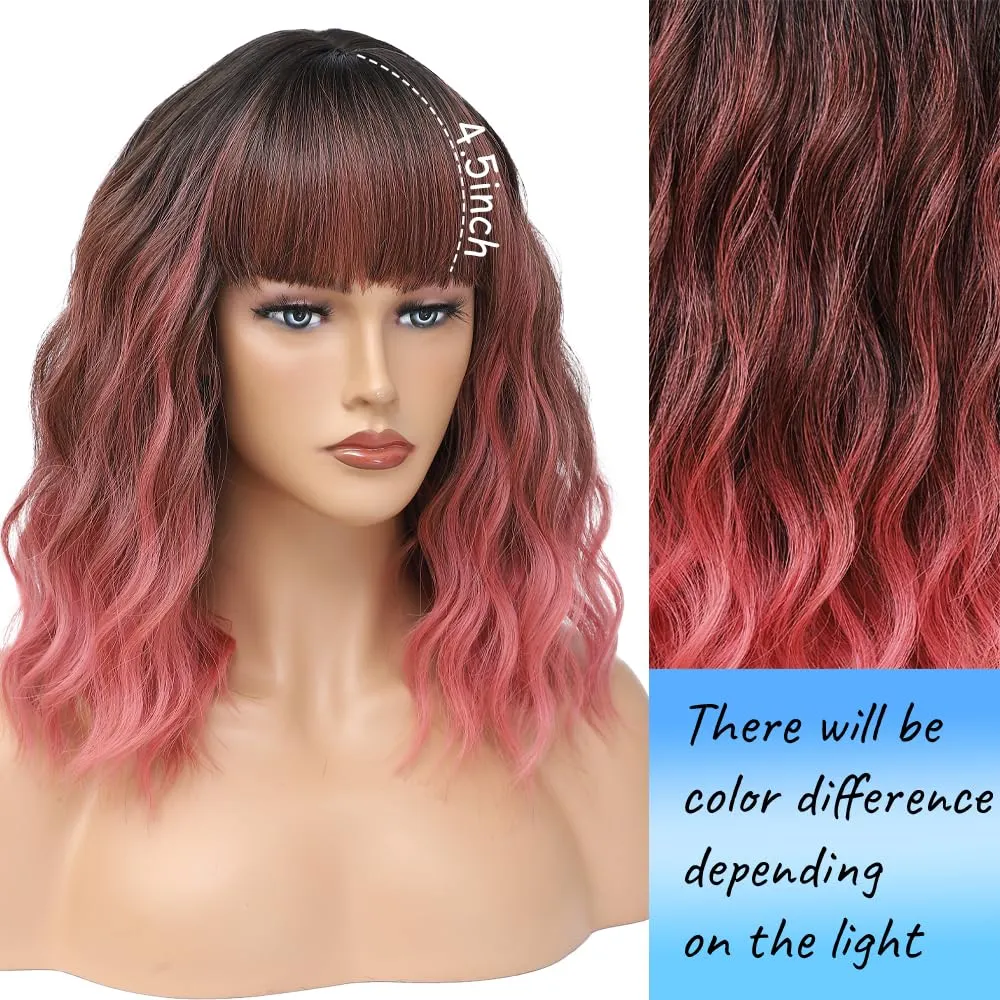 Short Wavy Pink Wig with Bangs 14inch Ombre Pink Wigs for Women Short Curly Bob Wigs Synthetic Natural Looking Hair Replacement Wigs Costume Cosplay Halloween Wig(14'' Ombre Pink)