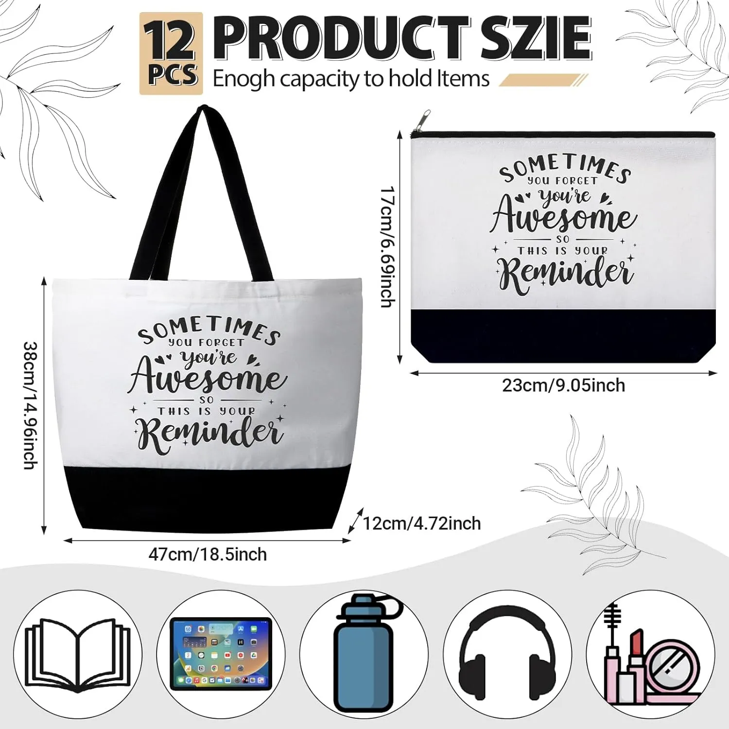 Silkfly 32 Pcs Inspirational Bag Canvas Tote Bag with Zipper Reusable Motivational Make up Bag Set for Women Friend Coworker