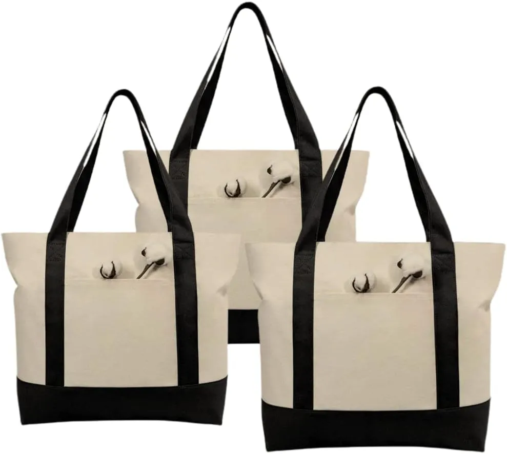 Simpli-Magic Stylish Canvas Tote Bag with an External Pocket, Top Zipper Closure, Daily Essentials, 3 Pack, 20" x 15" x 6"