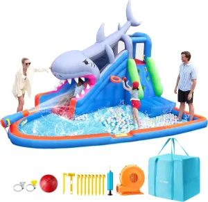 SLOOSH Inflatable Water Slide Park for Kids, 6 in 1 Blow up Water Park Slides, Bouncy Castle with 450W Blower, Climbing Wall, Water Cannon, Basketball Hoop & Splash Pool for Outdoor Backyard Party