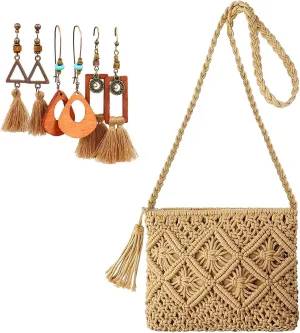 Small Beach Straw Purse For Women Straw Bags Crossbody Shoulder Handbags Woven Tote Purse with 3 Pairs Bohemia Earrings