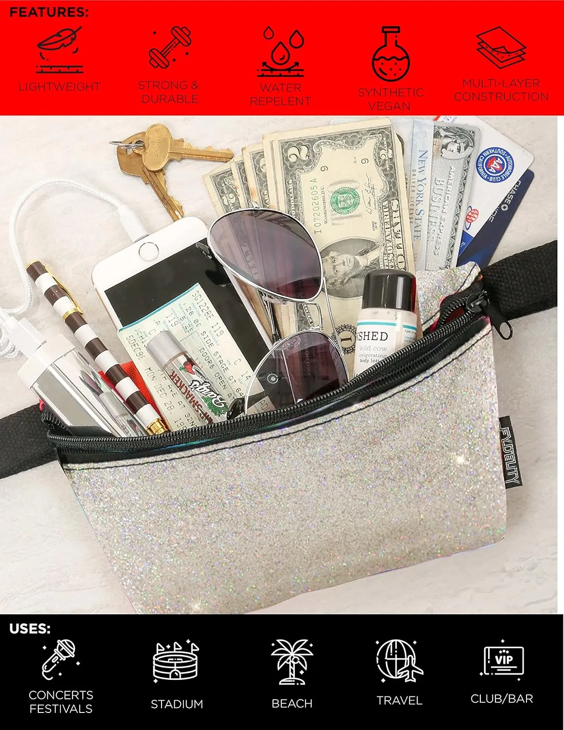 Small Fanny Packs for Women – 80s/90s Holographic Bum Bag – Unisex Retro Neon Crossbody Waist Belt Bag for Travel, Festivals, & Daily Use – Waist Belt Bag for Women | Dazzler Silver Glitter