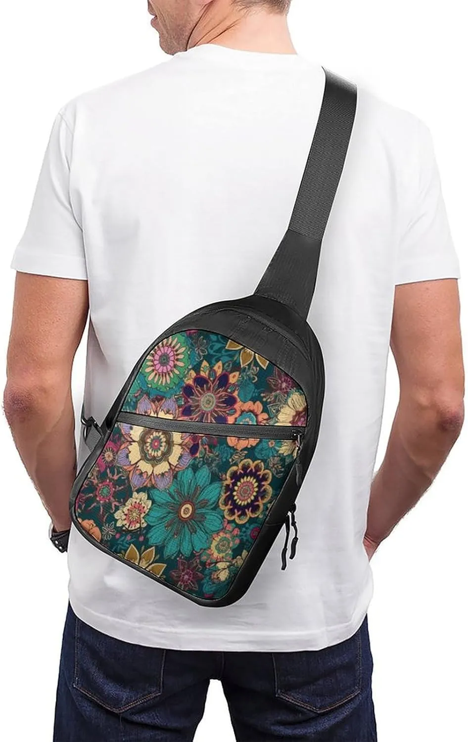 Small Sling Chest Bag Crossbody Bag for Men Women,Bohemian Flower Lightweight Gym Daypack for Travel Cycling Hiking