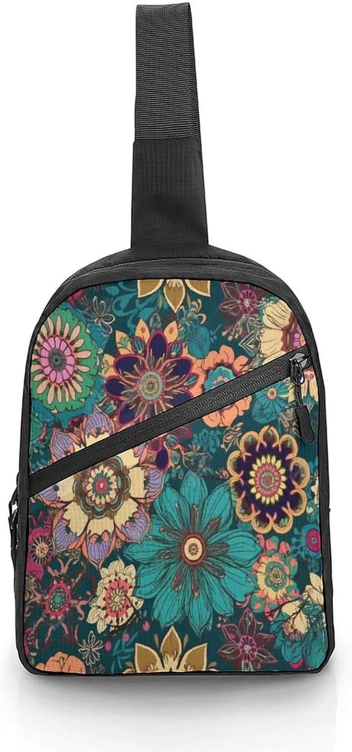 Small Sling Chest Bag Crossbody Bag for Men Women,Bohemian Flower Lightweight Gym Daypack for Travel Cycling Hiking