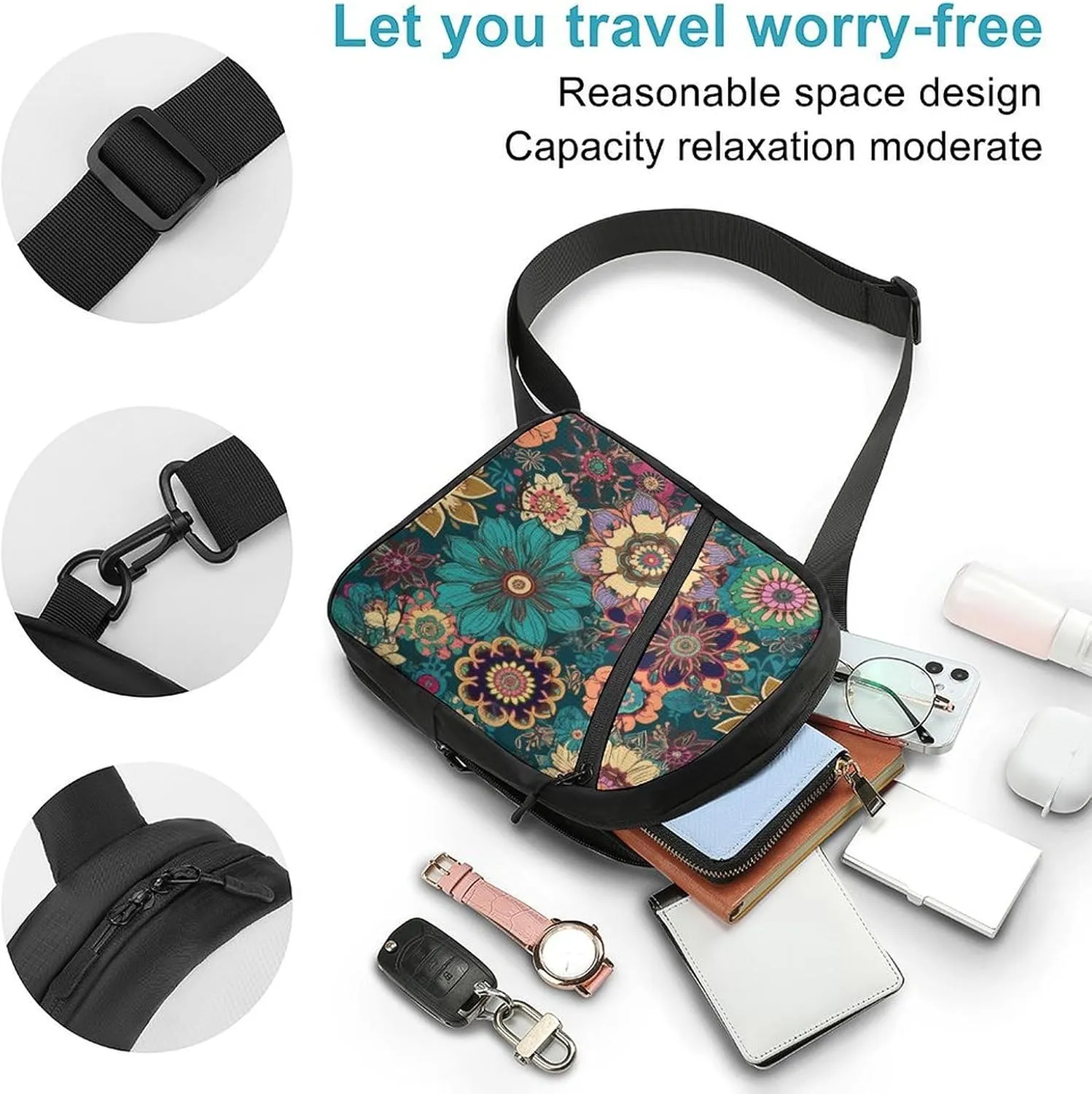 Small Sling Chest Bag Crossbody Bag for Men Women,Bohemian Flower Lightweight Gym Daypack for Travel Cycling Hiking