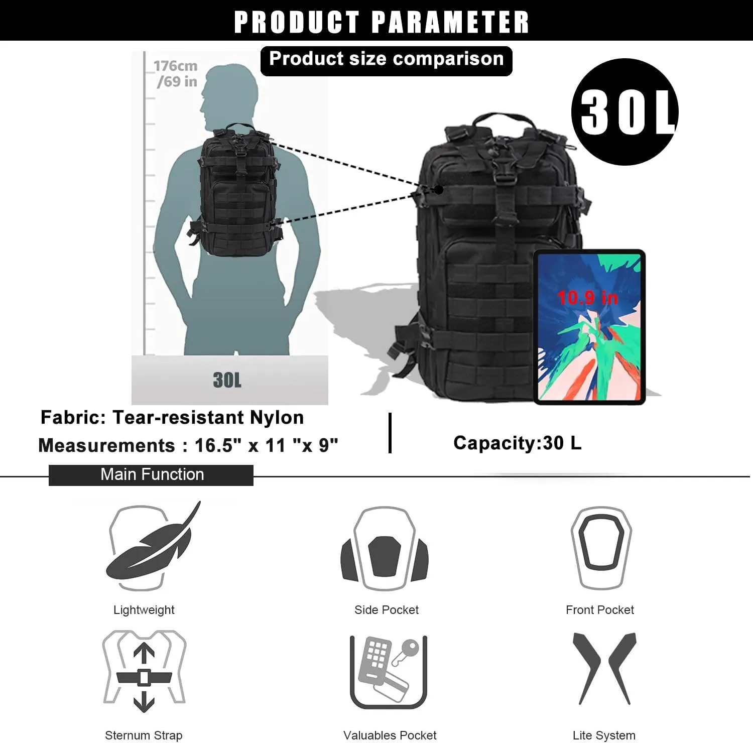 Small Tactical Backpack Military Daypack - 30L Backpack for Men Molle Assault Pack Bug Out Bag for Hiking Camping Travel Army Hunting Rucksack Trekking (Black)