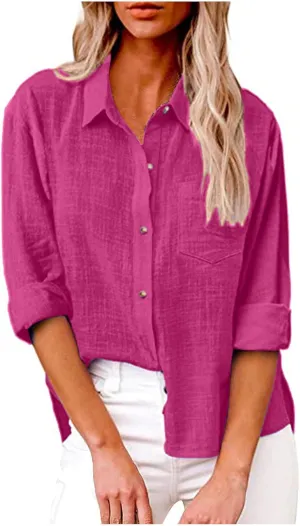 SMIDOW Ladies Summer Tops and Blouses 2023 Fashion Cotton Linen Shirts Collared Button Down Business Casual Work Blouse