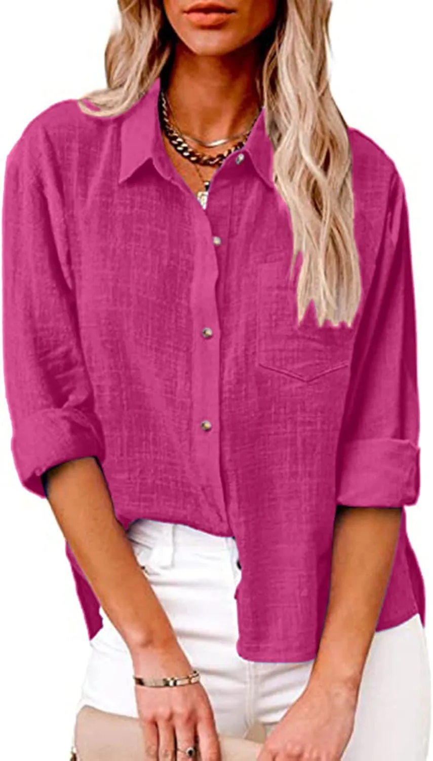 SMIDOW Ladies Summer Tops and Blouses 2023 Fashion Cotton Linen Shirts Collared Button Down Business Casual Work Blouse