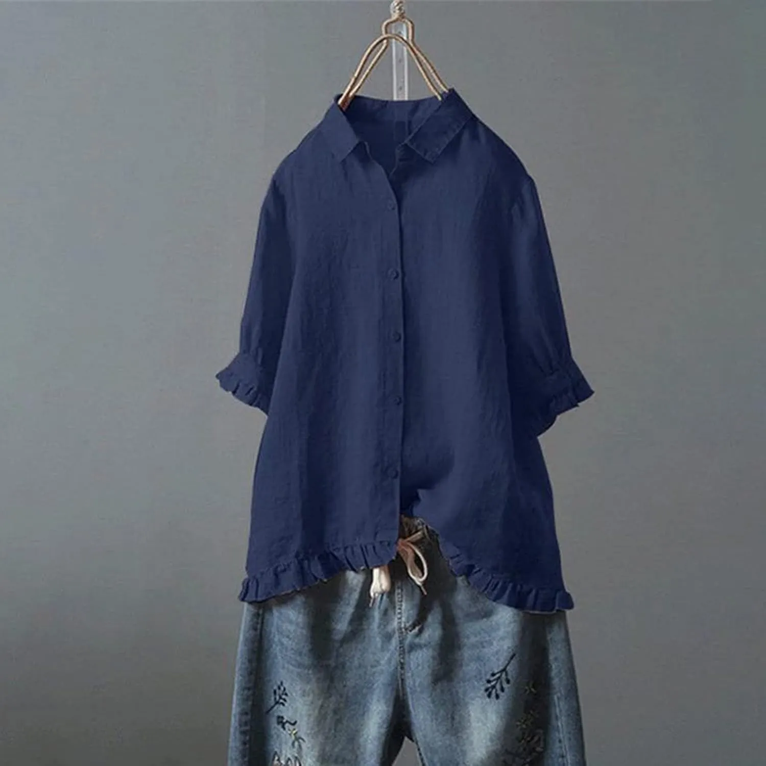SMIDOW Womens Tops Dressy Casual Spring 2023 Half Sleeve Linen Button Down Shirt Solid Plus Size Collared Tshirt Blouse