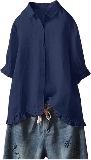 SMIDOW Womens Tops Dressy Casual Spring 2023 Half Sleeve Linen Button Down Shirt Solid Plus Size Collared Tshirt Blouse