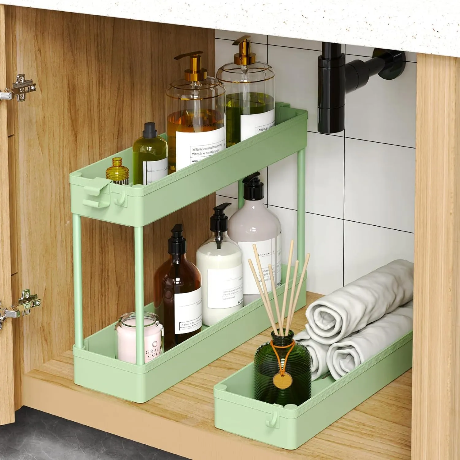SPACEKEEPER Slim Rolling Storage Cart, 3 Tier Bathroom Organizer Utility Cart Laundry Room Organization Mobile Shelving Unit for Kitchen, Bathroom, Office, Bedroom, Narrow Places, Green