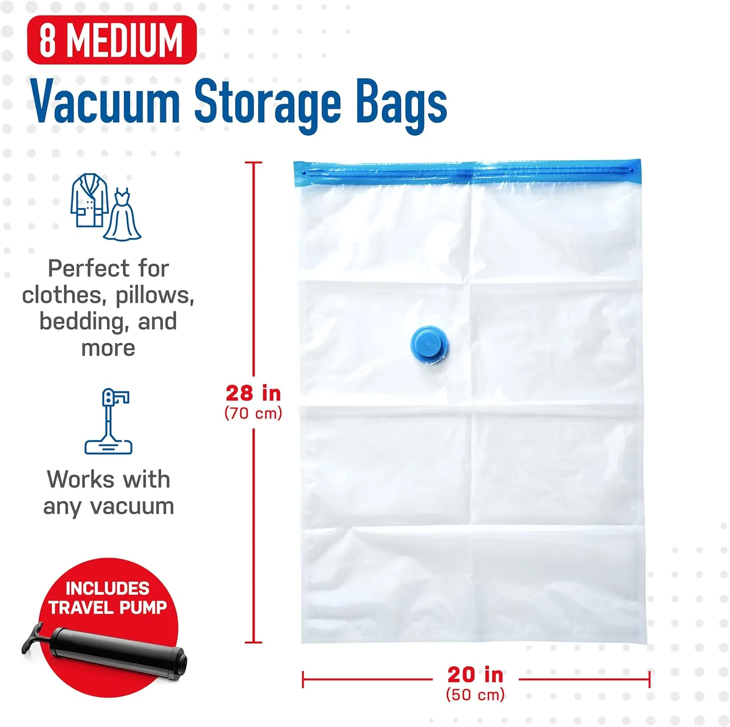 SpaceSaver Vacuum Storage Bags - Clothes Storage Bag Vacuum Pack - Space Saver Vacuum Storage Bags for Clothes Storage, Vacuum Bags for Bedding - Vacuum Bags for Clothes - with Pump (MEDIUM 8-Pack)