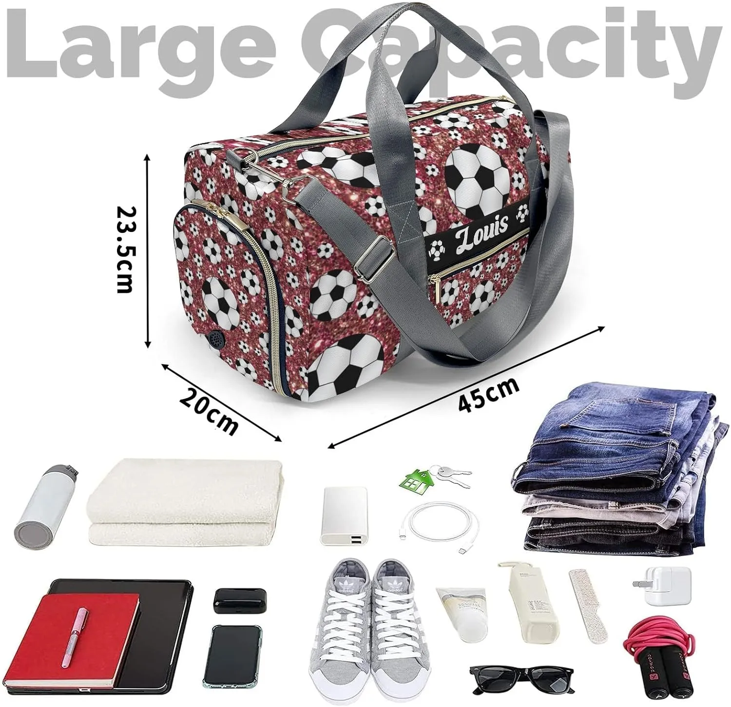 Sport Player Gym Bags Travel Duffle Bag,Maroon Balls Soccer Weekender Duffel Bag with Shoe Compartment,Workout Duffle Sports Bag