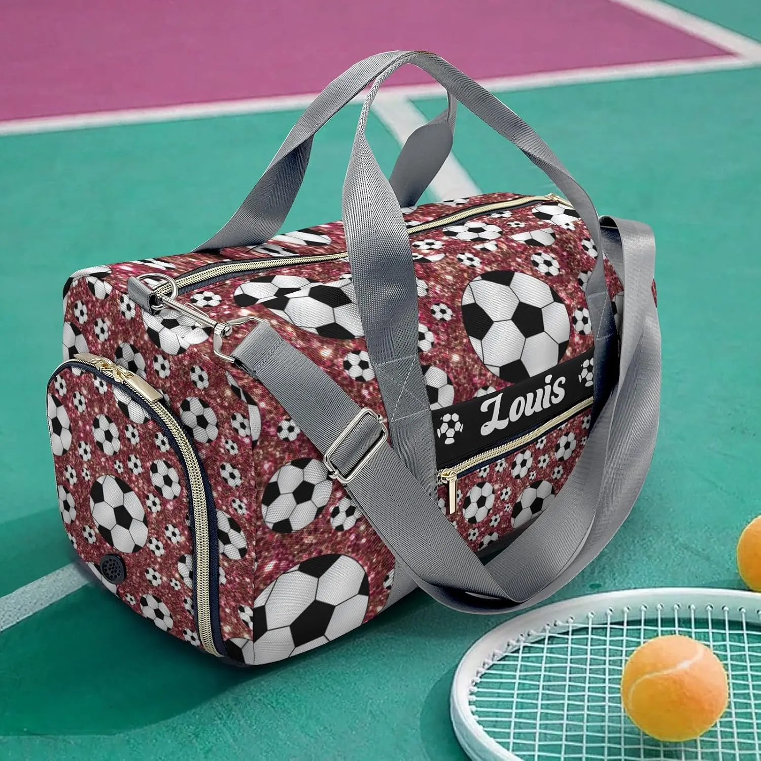 Sport Player Gym Bags Travel Duffle Bag,Maroon Balls Soccer Weekender Duffel Bag with Shoe Compartment,Workout Duffle Sports Bag