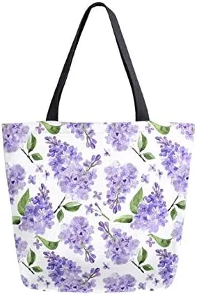 Spring Lavender Flower Large Canvas Tote Bag Heavy Duty Grocery Bag, Cute Summer Lilac Floral Women Casual Shoulder Bag Pocket Reusable Handbags for Travel Beach School Nursing Gift