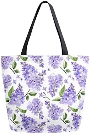 Spring Lavender Flower Large Canvas Tote Bag Heavy Duty Grocery Bag, Cute Summer Lilac Floral Women Casual Shoulder Bag Pocket Reusable Handbags for Travel Beach School Nursing Gift