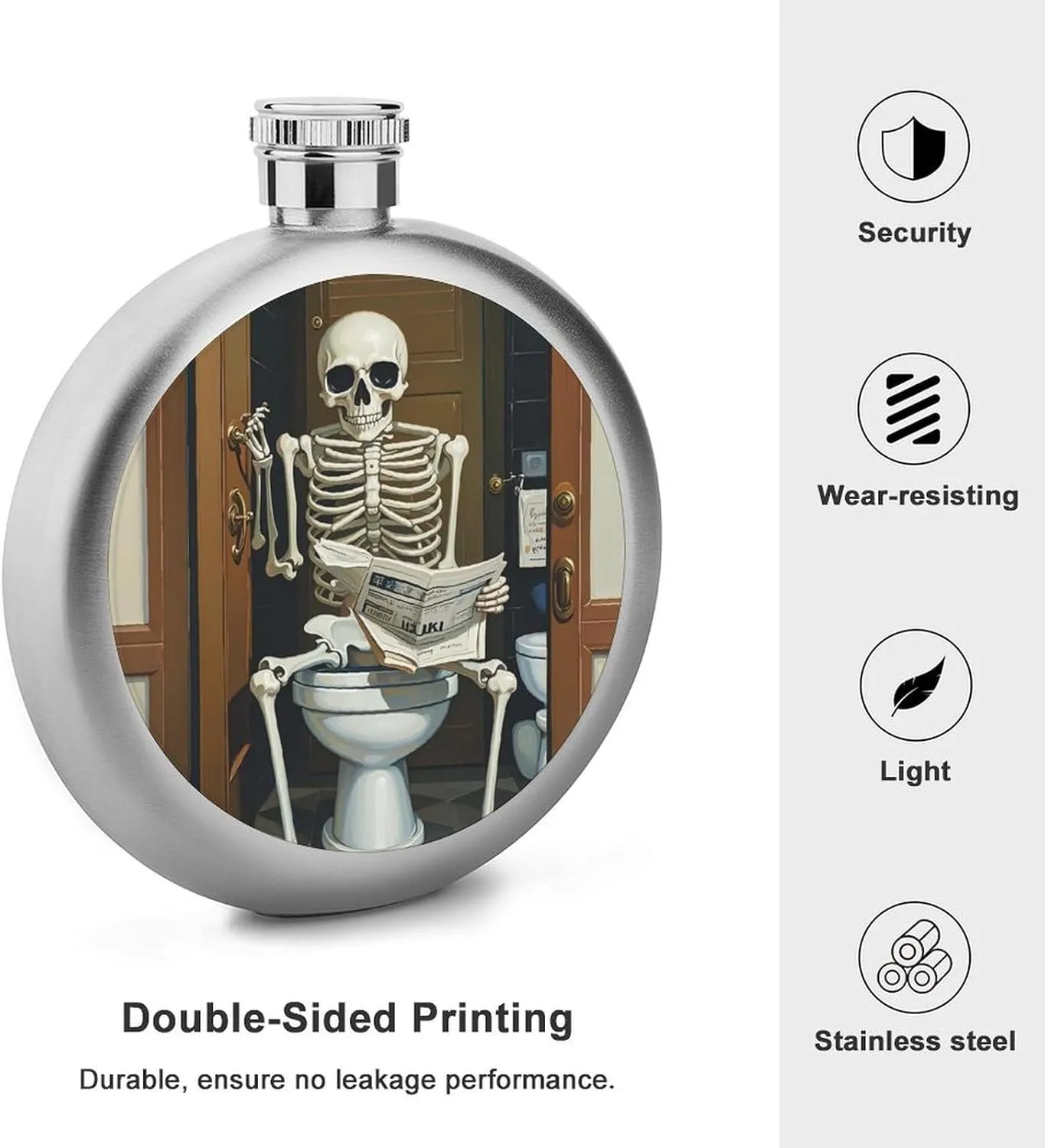 Stainless Steel Wine Bottle Liquor Container Funny Skeleton Bathroom Canvas Print Leak Proof Hip Flask Durable for Camping Hiking Travel Festivals