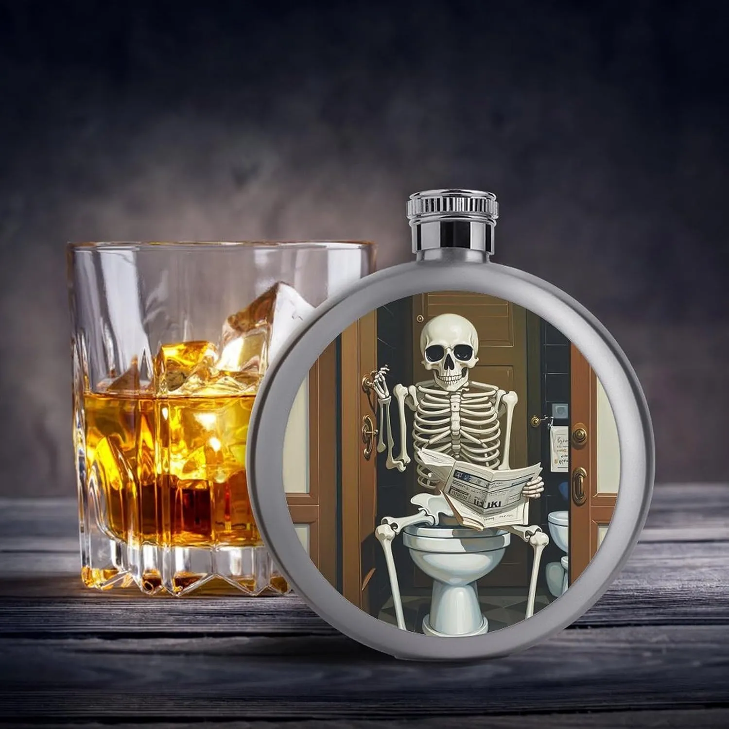 Stainless Steel Wine Bottle Liquor Container Funny Skeleton Bathroom Canvas Print Leak Proof Hip Flask Durable for Camping Hiking Travel Festivals