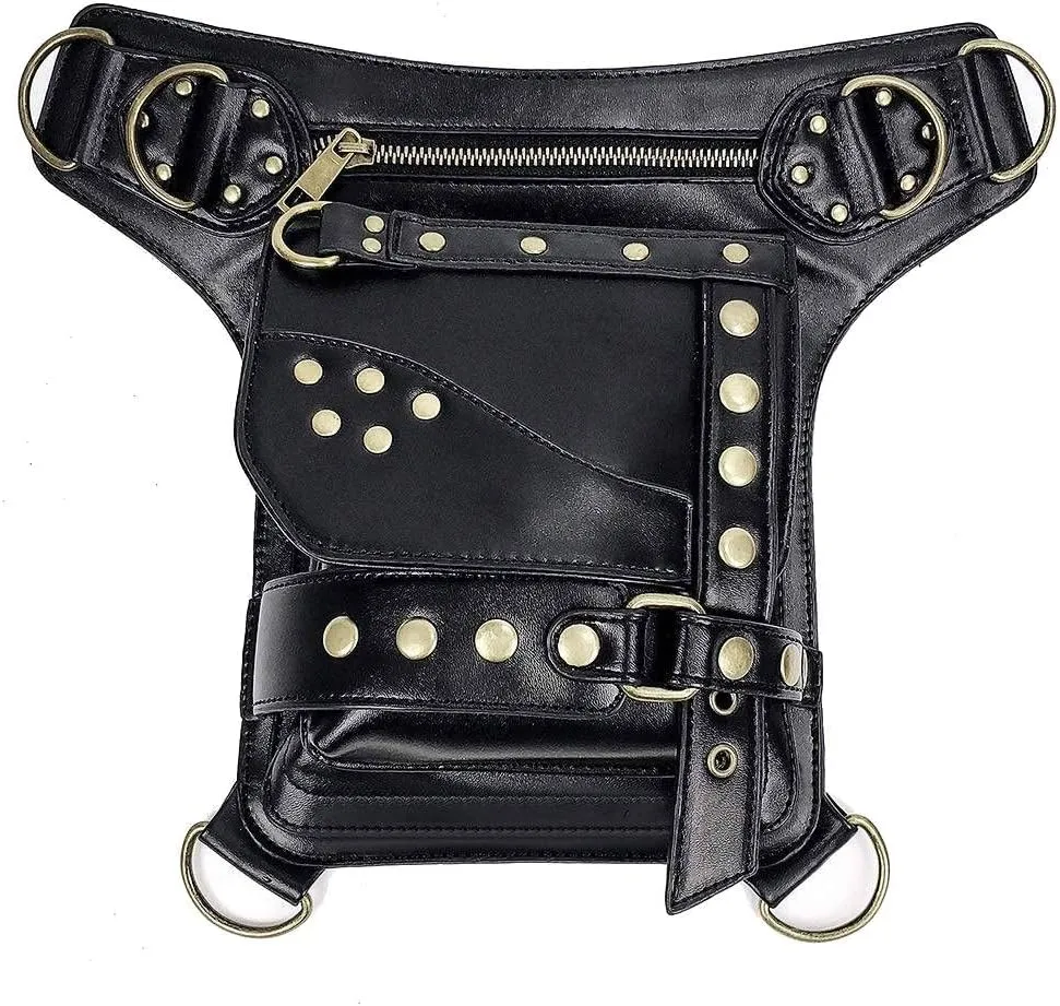 Steampunk Waist Bag Fanny Pack Fashion Gothic Leather Shoulder Crossbody Messenger Bags Thigh Leg Hip Holster Purse Travel Pouch Hiking Sport Chain Bags for Women Men