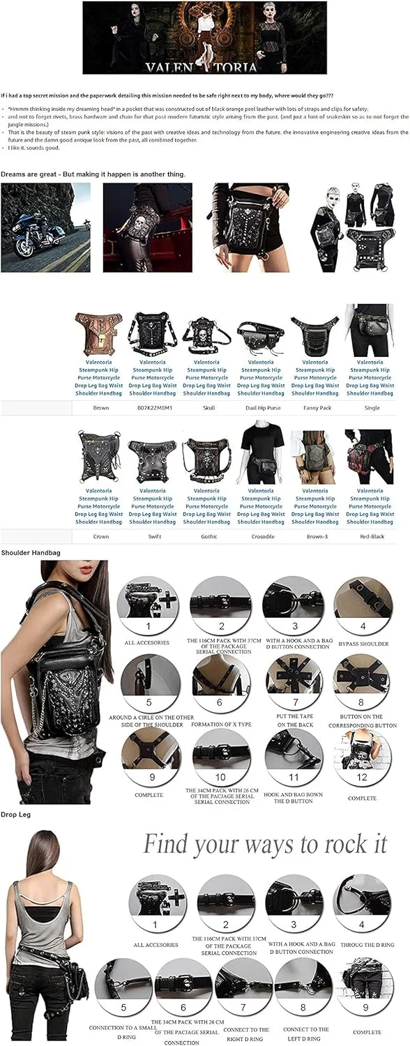 Steampunk Waist Bag Fanny Pack Fashion Gothic Leather Shoulder Crossbody Messenger Bags Thigh Leg Hip Holster Purse Travel Pouch Hiking Sport Chain Bags for Women Men