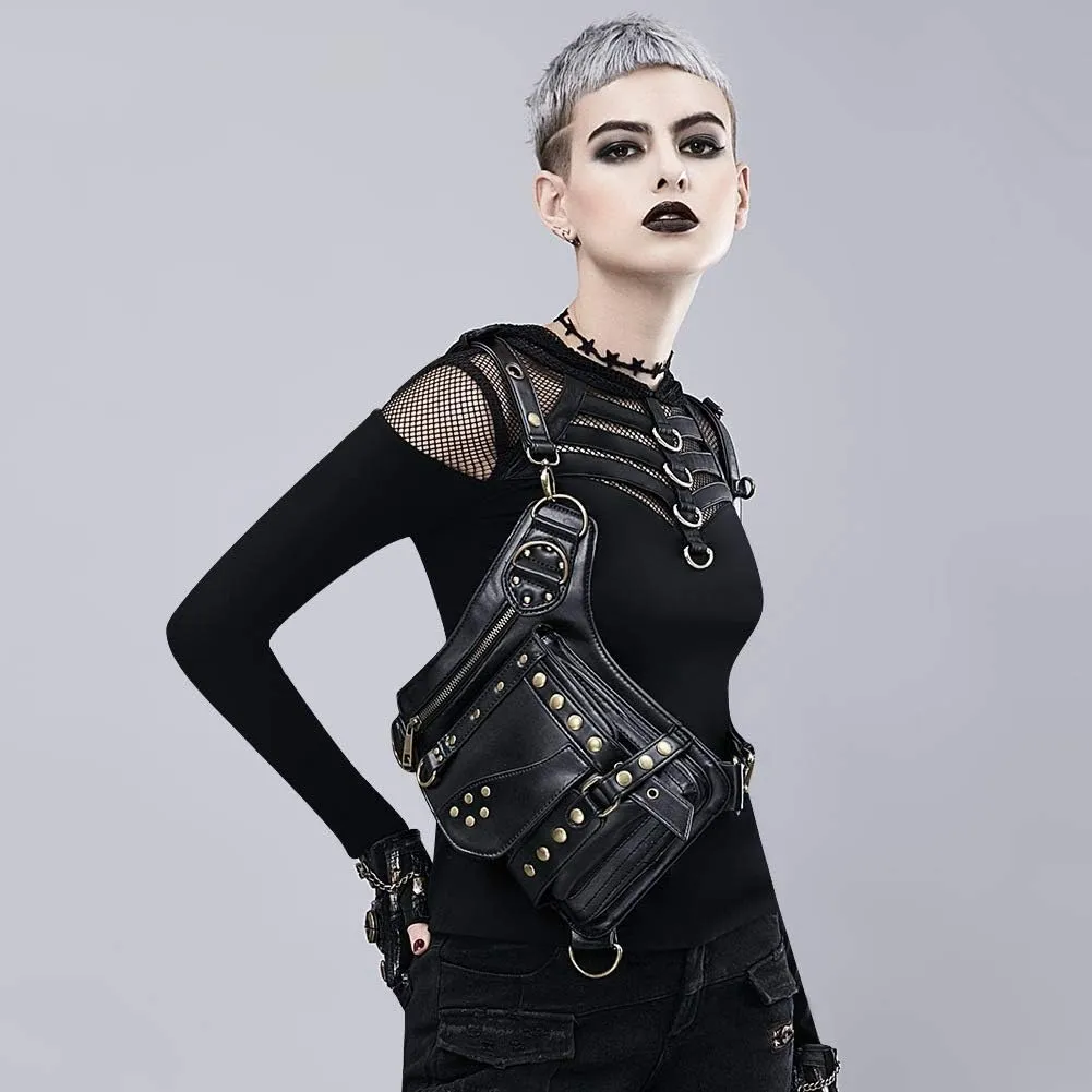 Steampunk Waist Bag Fanny Pack Fashion Gothic Leather Shoulder Crossbody Messenger Bags Thigh Leg Hip Holster Purse Travel Pouch Hiking Sport Chain Bags for Women Men