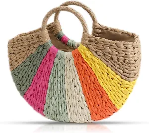 Straw Bag, Beach Bag for Woman, Bohemian Hand-Woven Handbags, Semi-circular Color Tote Bag, Straw Beach Bag Suitable for Picnic, Travel, Daily Matching(Khaki)