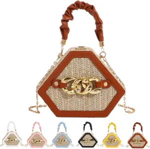 Straw Crossbody Bags for Women Trendy Beach Summer Fashion Chain Decorated Bohemia Handwoven Handbag Tote Purse Travel