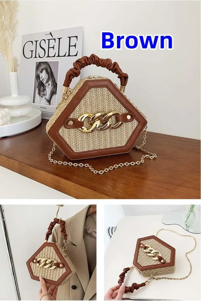 Straw Crossbody Bags for Women Trendy Beach Summer Fashion Chain Decorated Bohemia Handwoven Handbag Tote Purse Travel