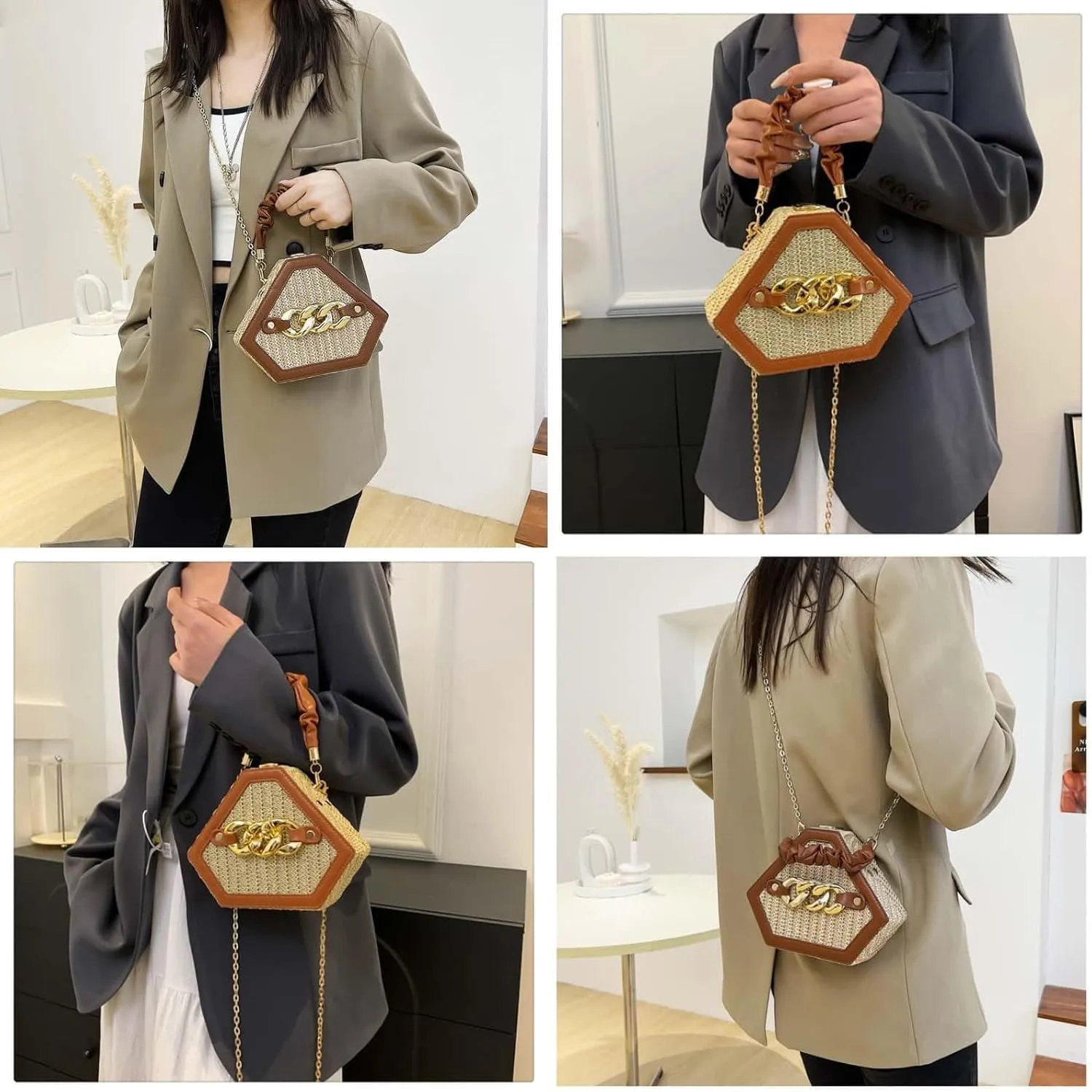 Straw Crossbody Bags for Women Trendy Beach Summer Fashion Chain Decorated Bohemia Handwoven Handbag Tote Purse Travel