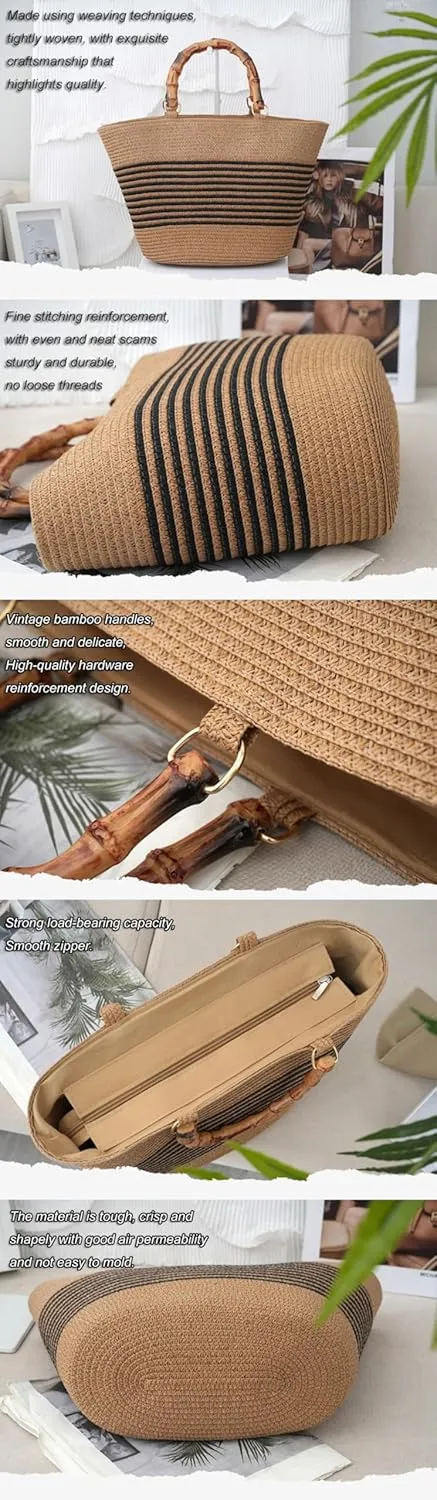 Straw Woven Tote Bag for Women Summer Beach Handbag Market Shopping Holiday Travel Shoulder Bag