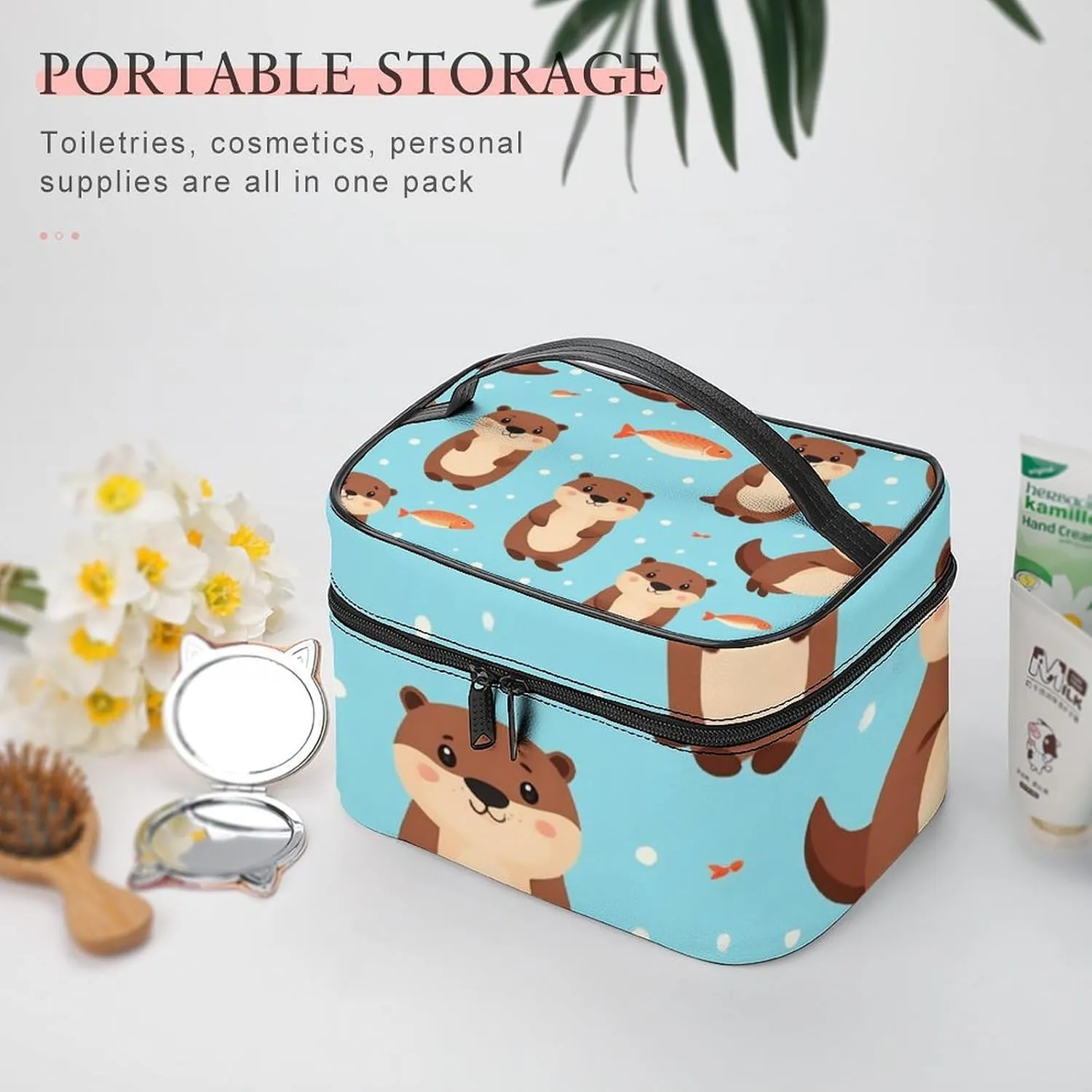 Stylish Cosmetic Bag for Women, Travel Toiletry Storage Bag with with Zipper Pouch Cute Otter Fish Pattern Makeup Organizer Case