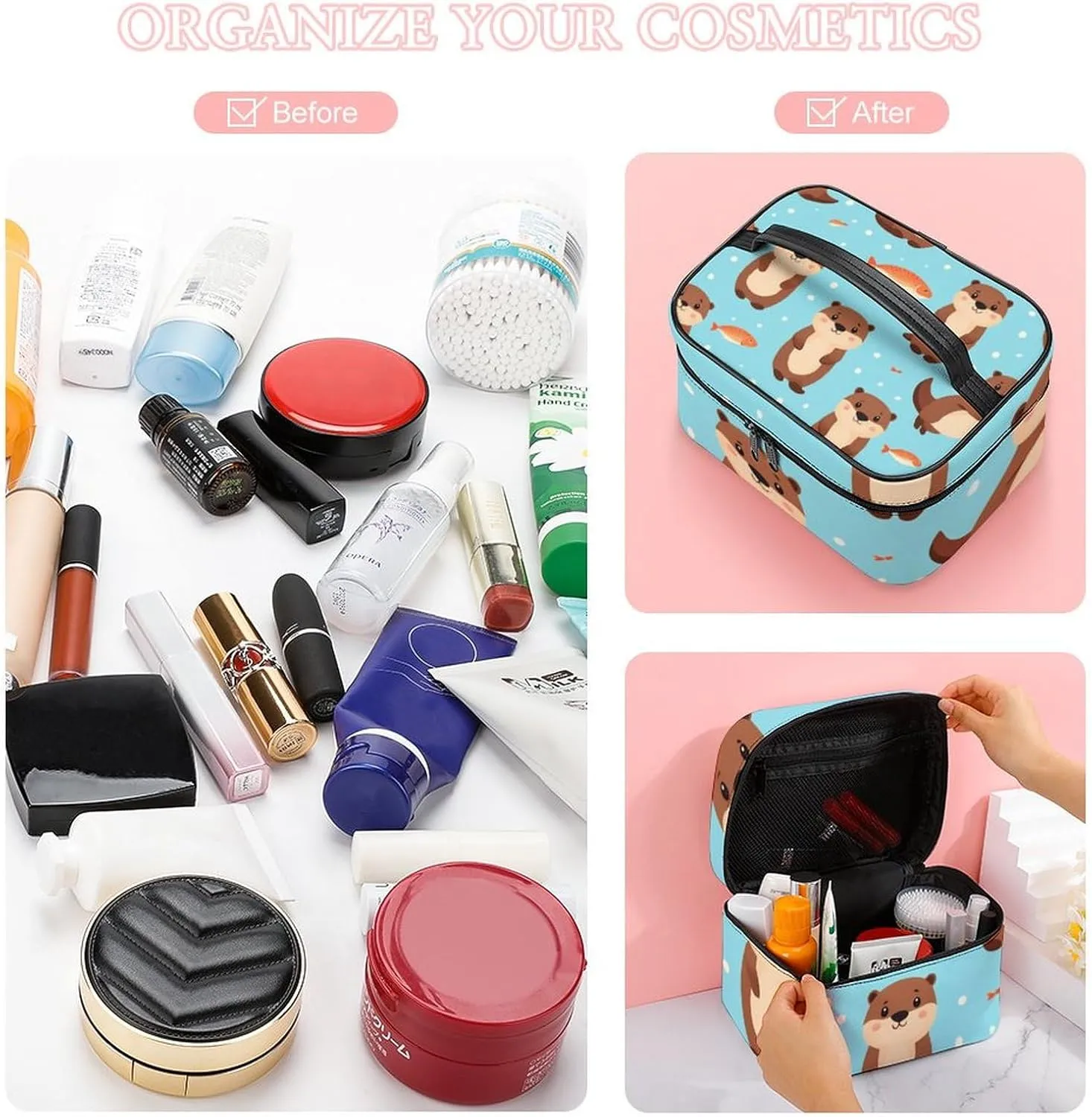 Stylish Cosmetic Bag for Women, Travel Toiletry Storage Bag with with Zipper Pouch Cute Otter Fish Pattern Makeup Organizer Case