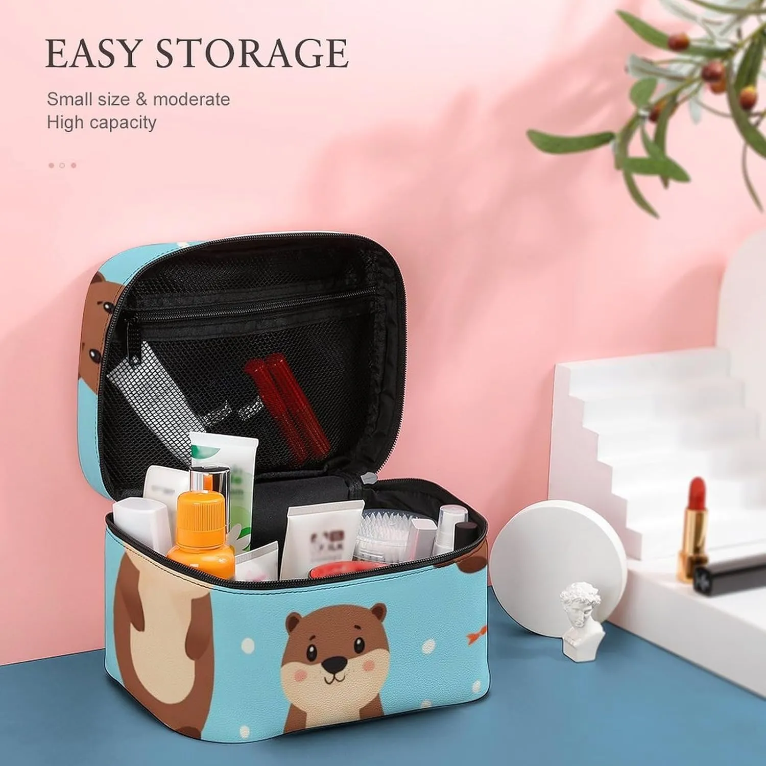 Stylish Cosmetic Bag for Women, Travel Toiletry Storage Bag with with Zipper Pouch Cute Otter Fish Pattern Makeup Organizer Case