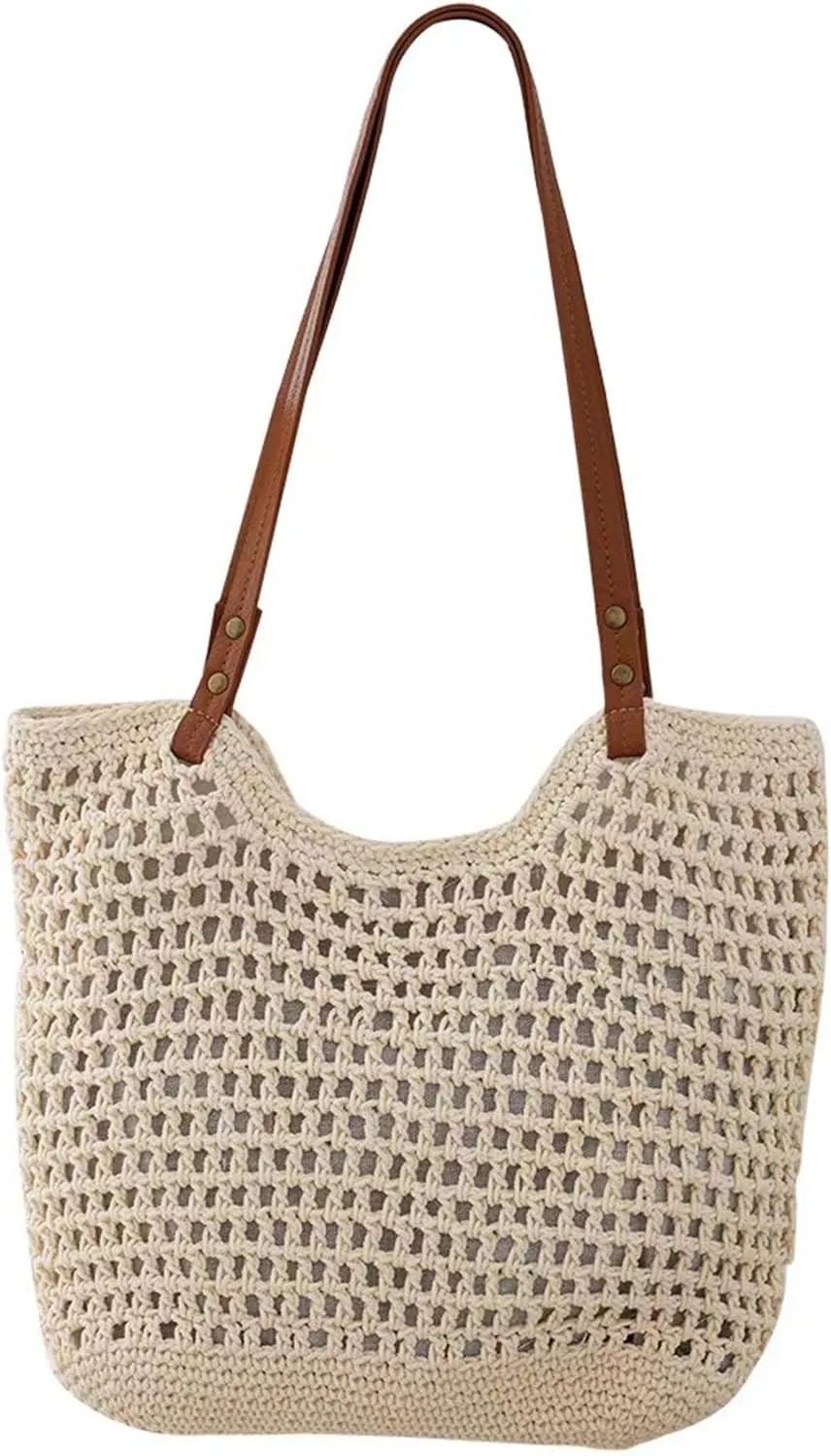 Summer Beige Cotton Knitted Shoulder Bag bags for 2025, Bohemian Hobo Crochet Beach bag Casual Designer Purse for Women