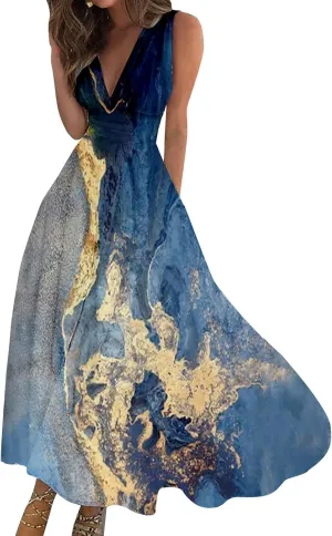 Summer Dresses for Women 2025 Classy Tie Dye Cami Maxi Sundresses Flowy Empire Waist V Neck Sleeveless Banquet Dress