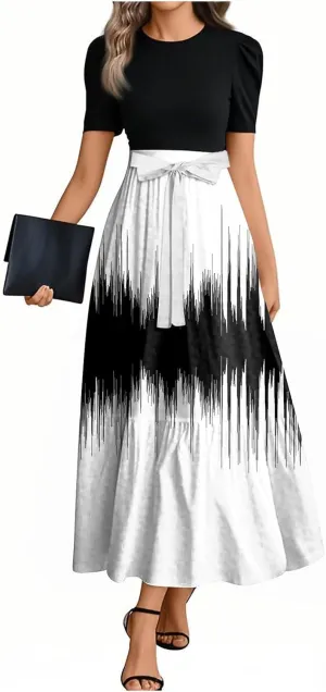 Summer Dresses for Women 2025 Elegant Floral Patchwork Maxi Dress Trendy Tie Waist Bow Paisley Empire Waist Beach Sundresses
