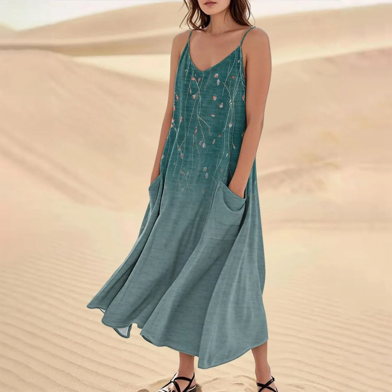 Summer Dresses for Women 2025 Trendy Floral Spaghetti Strap Maxi Sundresses Paisley Print Waist Sleeveless Dress with Pockets