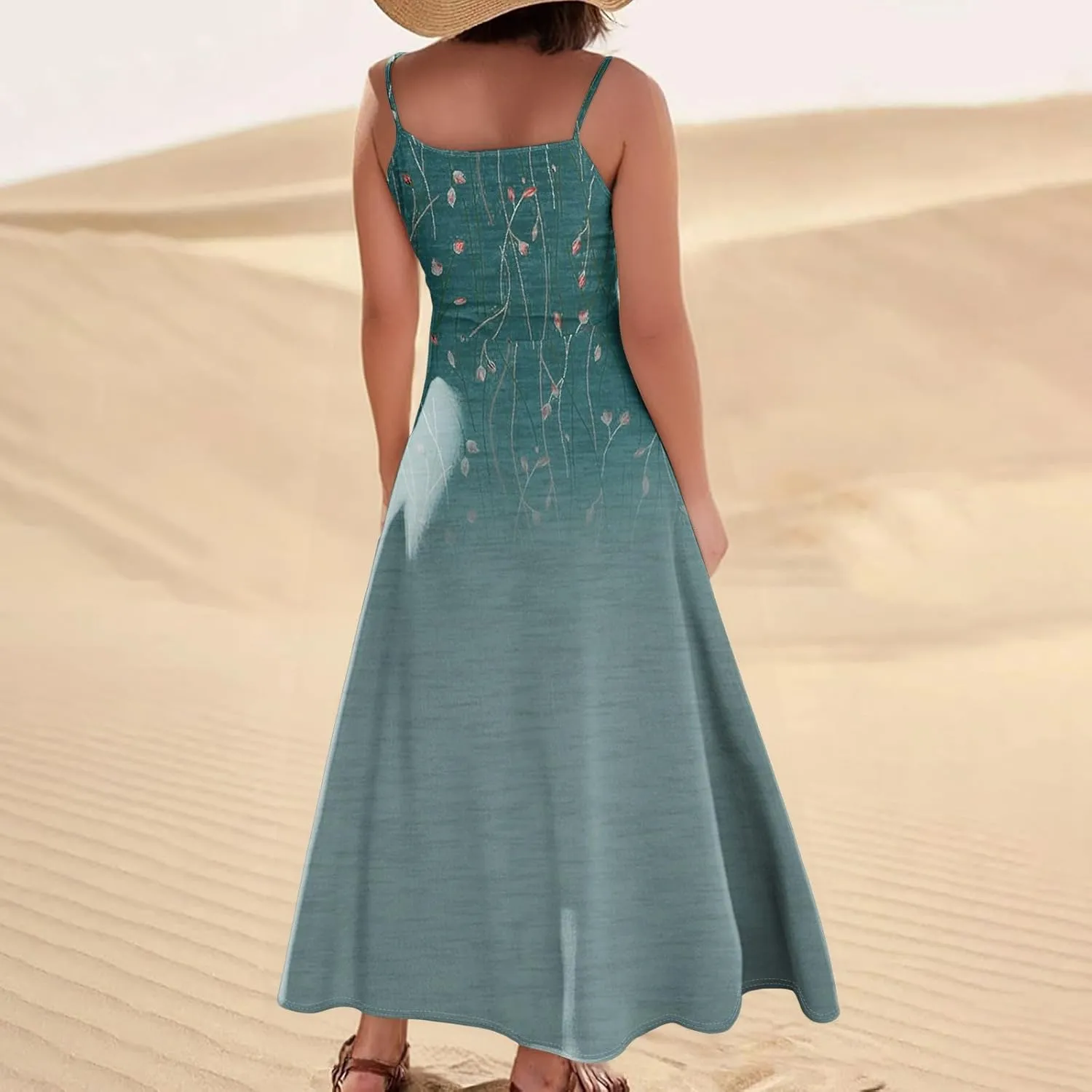 Summer Dresses for Women 2025 Trendy Floral Spaghetti Strap Maxi Sundresses Paisley Print Waist Sleeveless Dress with Pockets