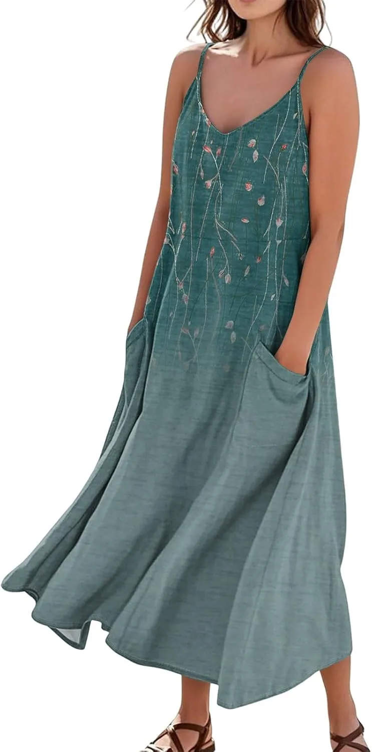 Summer Dresses for Women 2025 Trendy Floral Spaghetti Strap Maxi Sundresses Paisley Print Waist Sleeveless Dress with Pockets